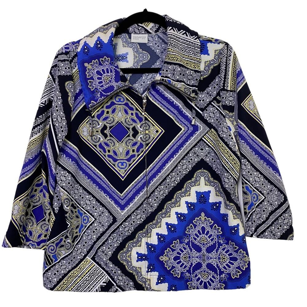 Chico's Zenergy Blue Black Full Zip Lightweight Jacket Size Medium